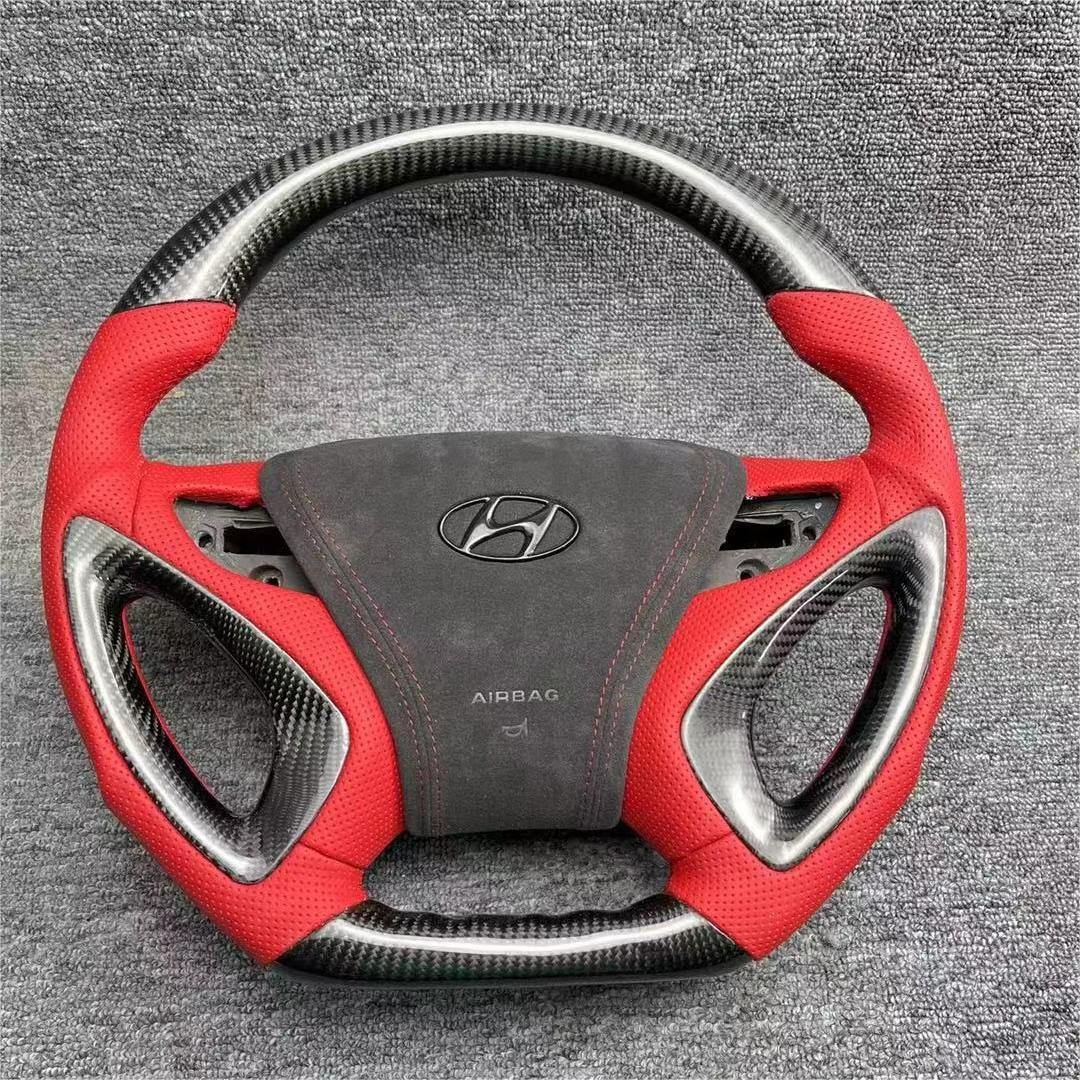 Red Leather Carbon Fiber Steering Wheel Fits Hyundai 2010–2014 Sonata