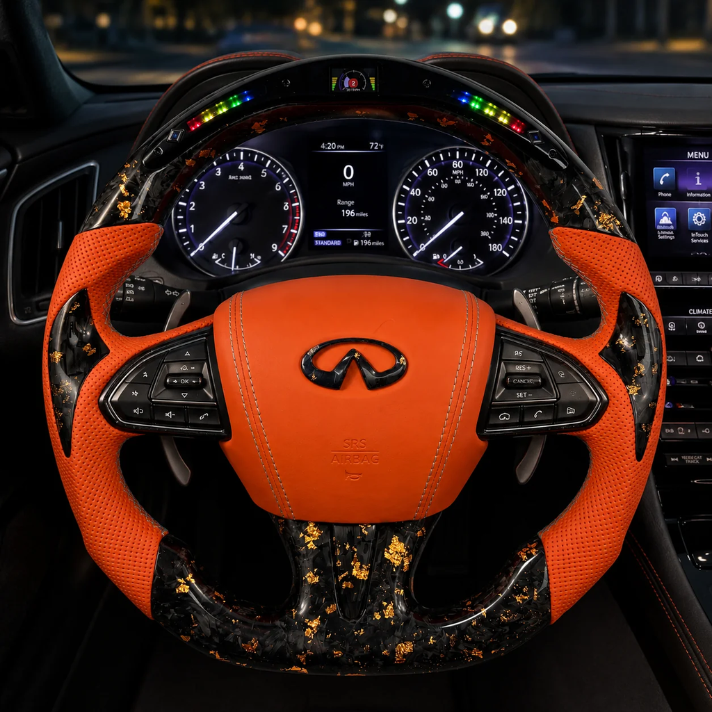 LED Gold Flakes Forged Leather Carbon Fiber Steering Wheel Fits Infiniti Q50 2013-2017