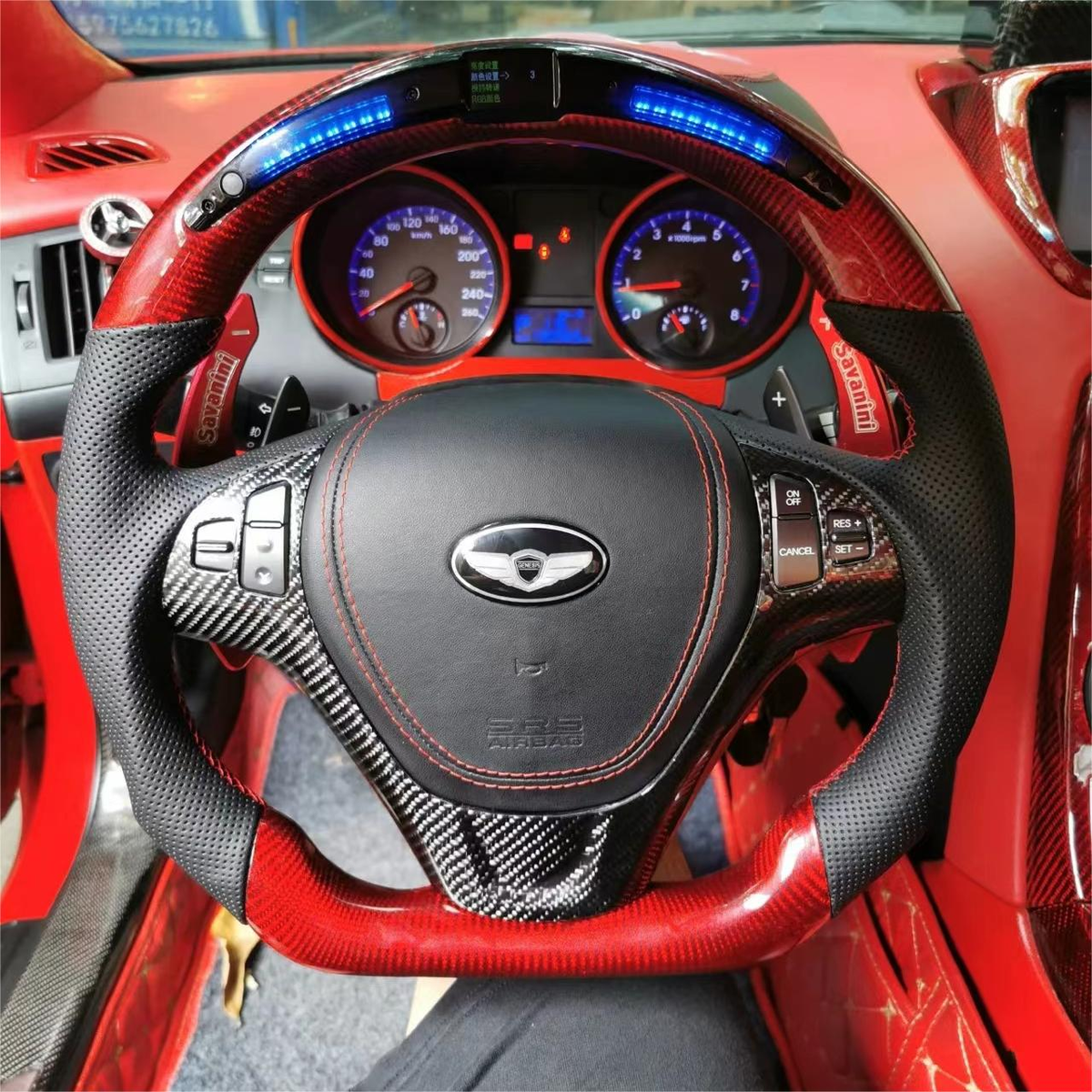 LED Red Carbon Fiber Steering Wheel Fits Hyundai 2009-2016 Genesis Coupe