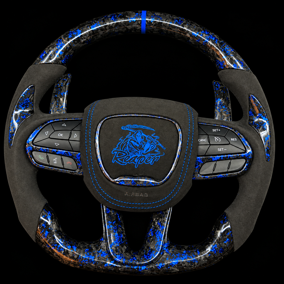 Blue Flakes Forged Carbon Fiber Steering Wheel fits 2015-2023 Dodge Charger/Challenger/2015–2024 Durango | Jeep Grand Cherokee 2014–2023 WK2 SRT/Trackhawk