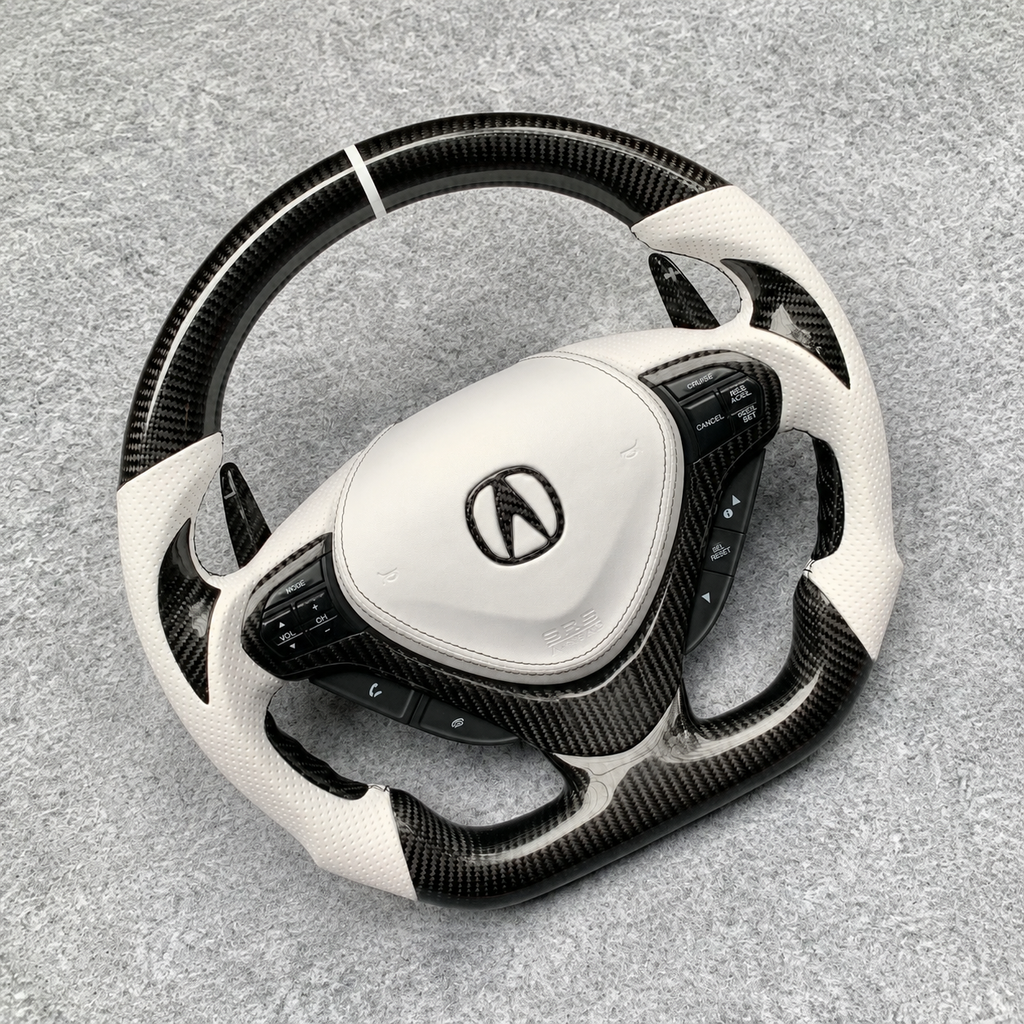 White perforated carbon fiber steering wheel fits Acura TSX 2009‑2014 / Honda CU2