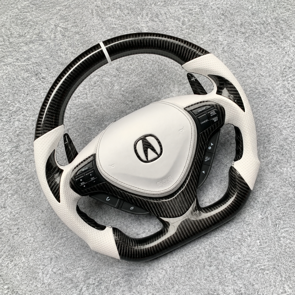 White perforated carbon fiber steering wheel fits Acura TSX 2009‑2014 / Honda CU2