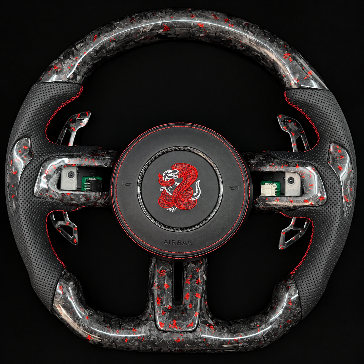 Red Flakes Forged Carbon Fiber Steering Wheel fits Ford Mustang 2018-2023
