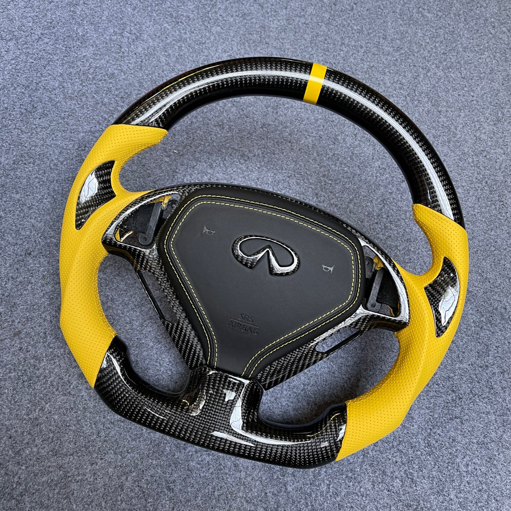 Yellow Perforated Leather Carbon Fiber Steering Wheel Fits Infiniti G25 G35 G37 G37X QX50 2007-2015