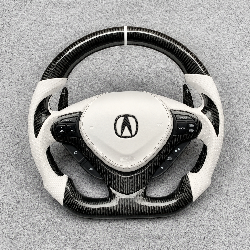 White perforated carbon fiber steering wheel fits Acura TSX 2009‑2014 / Honda CU2
