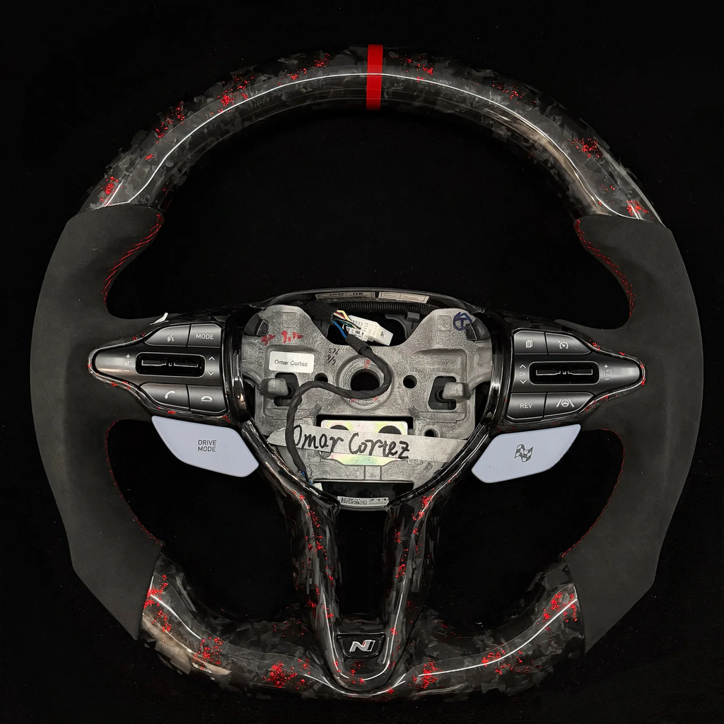 Red Flakes Forged Carbon Fiber Steering Wheel Fits 2019+ Hyundai Veloster N/Kona N