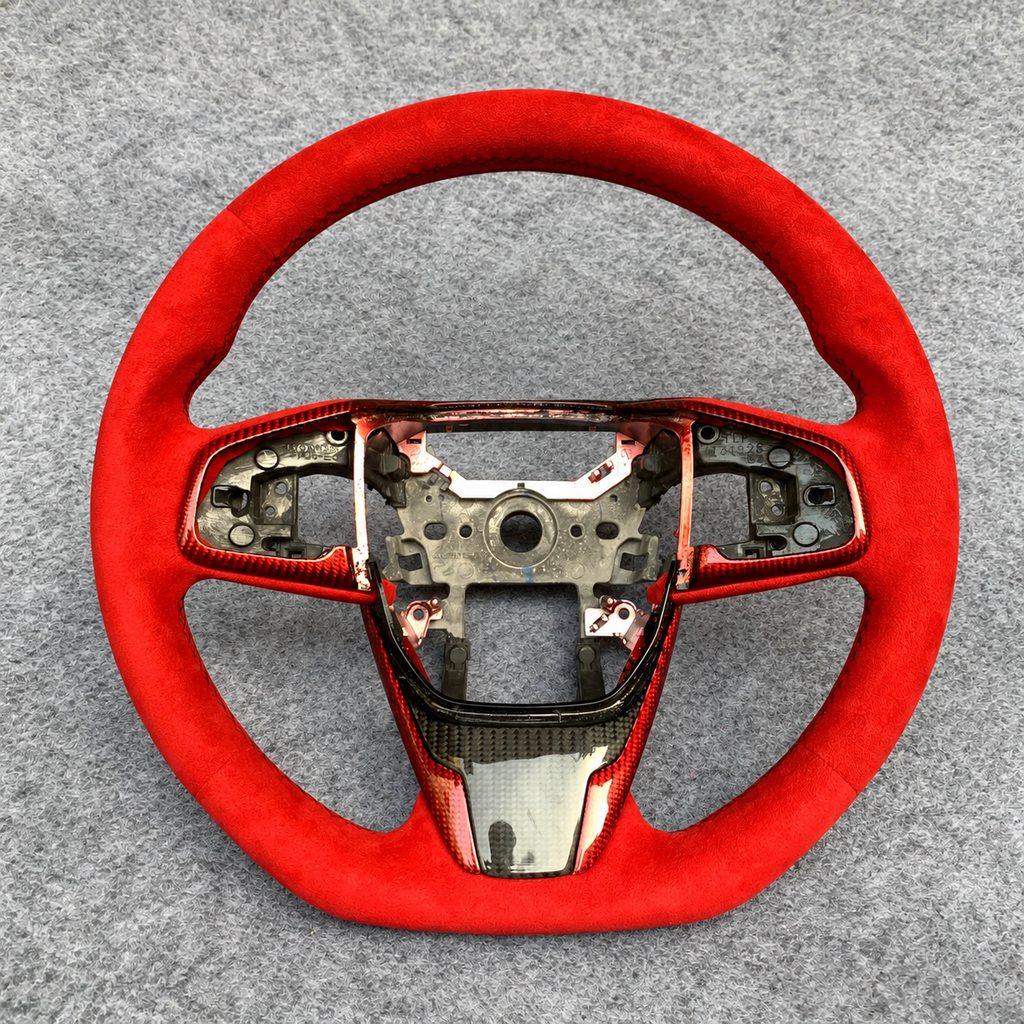 Full Red Alcantara Carbon Fiber Steering Wheel Fits 2016‑2021 Honda 10th Gen Civic SI / FK8 / Clarity / MK10