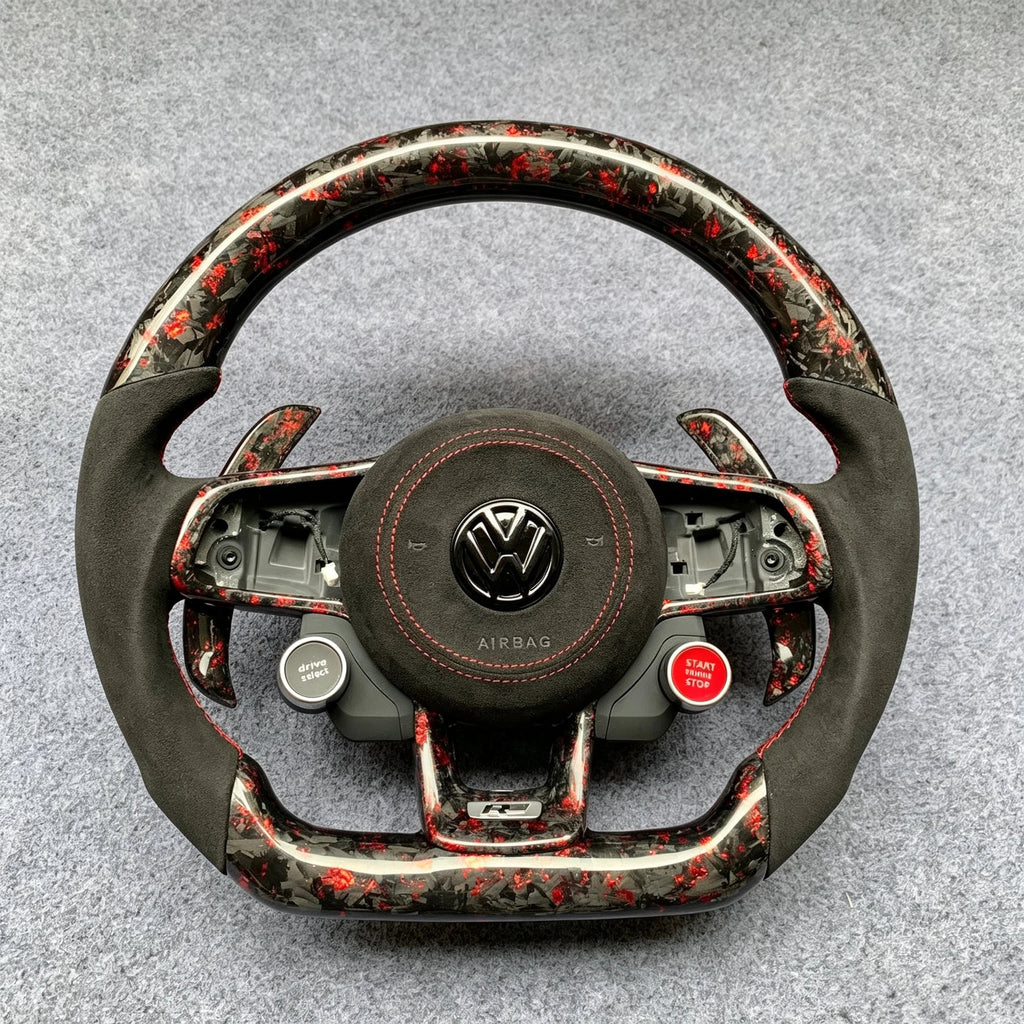 Red Flakes Forged Carbon Fiber Steering Wheel With R8 Style Buttons Fits VW MK7 / MK7.5 GTI R Jetta