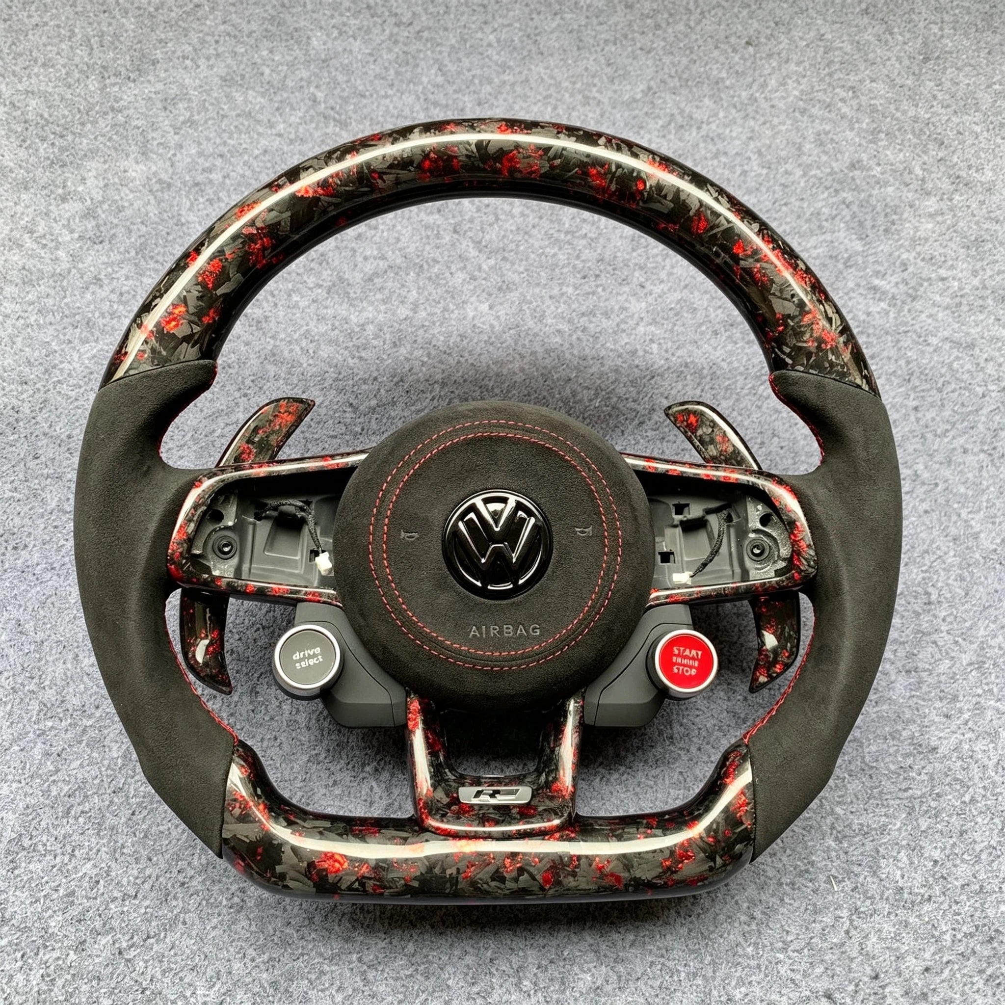 Red Flakes Forged Carbon Fiber Steering Wheel With R8 Style Buttons Fits VW MK7 / MK7.5 GTI R Jetta